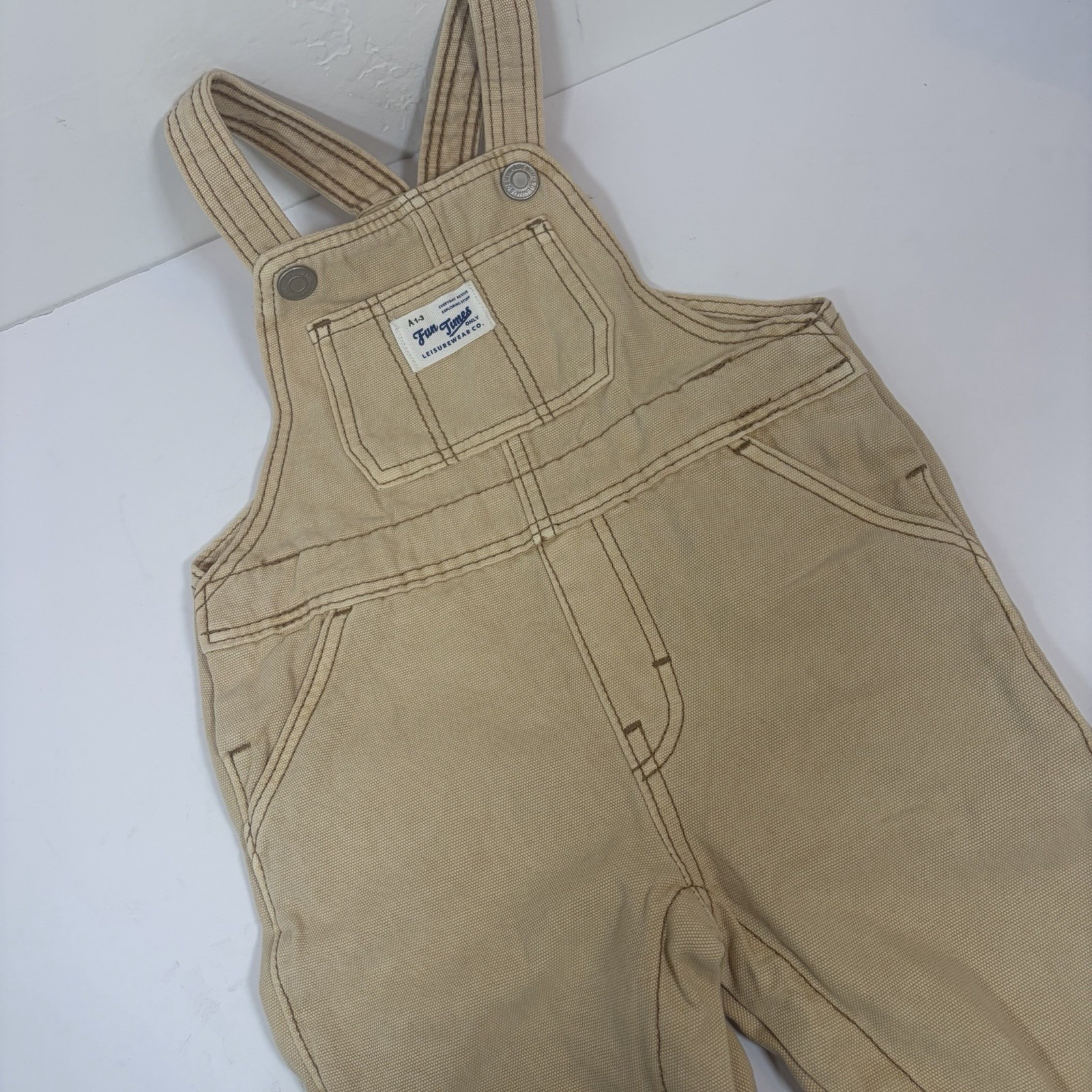 H&M Baby 6m Beige Tan Cargo Cotton Canvas Overalls Adjustable Snaps Thick